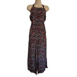 RAGA Anthropologie Floral Jumpsuit Halter Tie Neck Smocked Back Wide Leg Size M